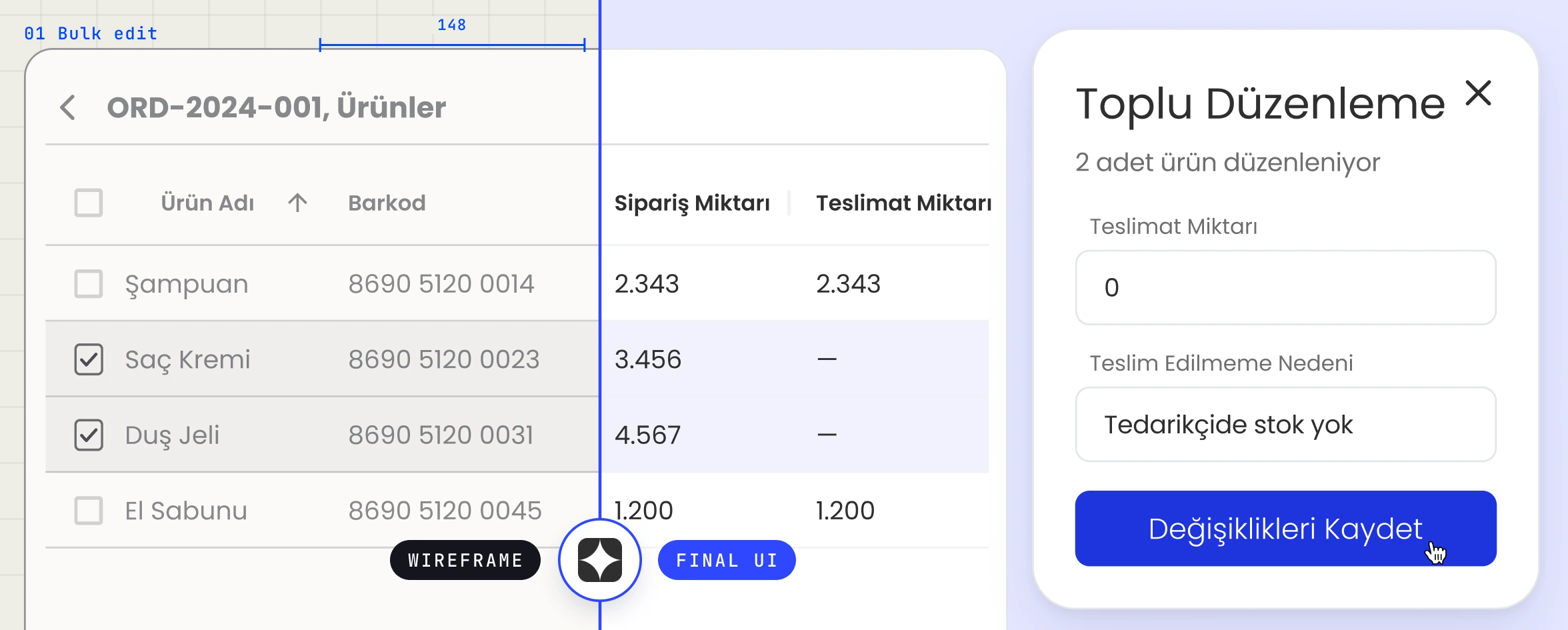 Ceer's order table with two rows selected and a bulk-edit panel open, drawn as a wireframe on the left and the finished interface on the right.