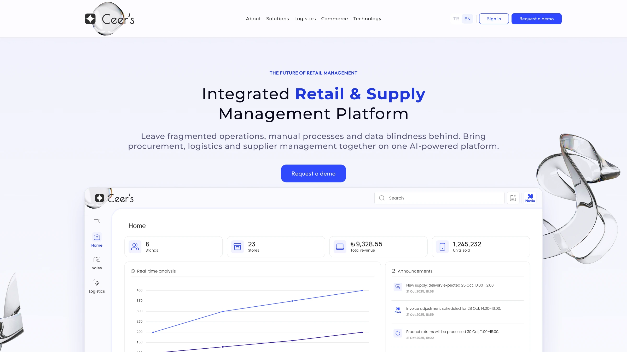 The Ceer's marketing hero: headline, subhead and a demo call-to-action beside the real supplier dashboard shown flat, without a laptop frame.