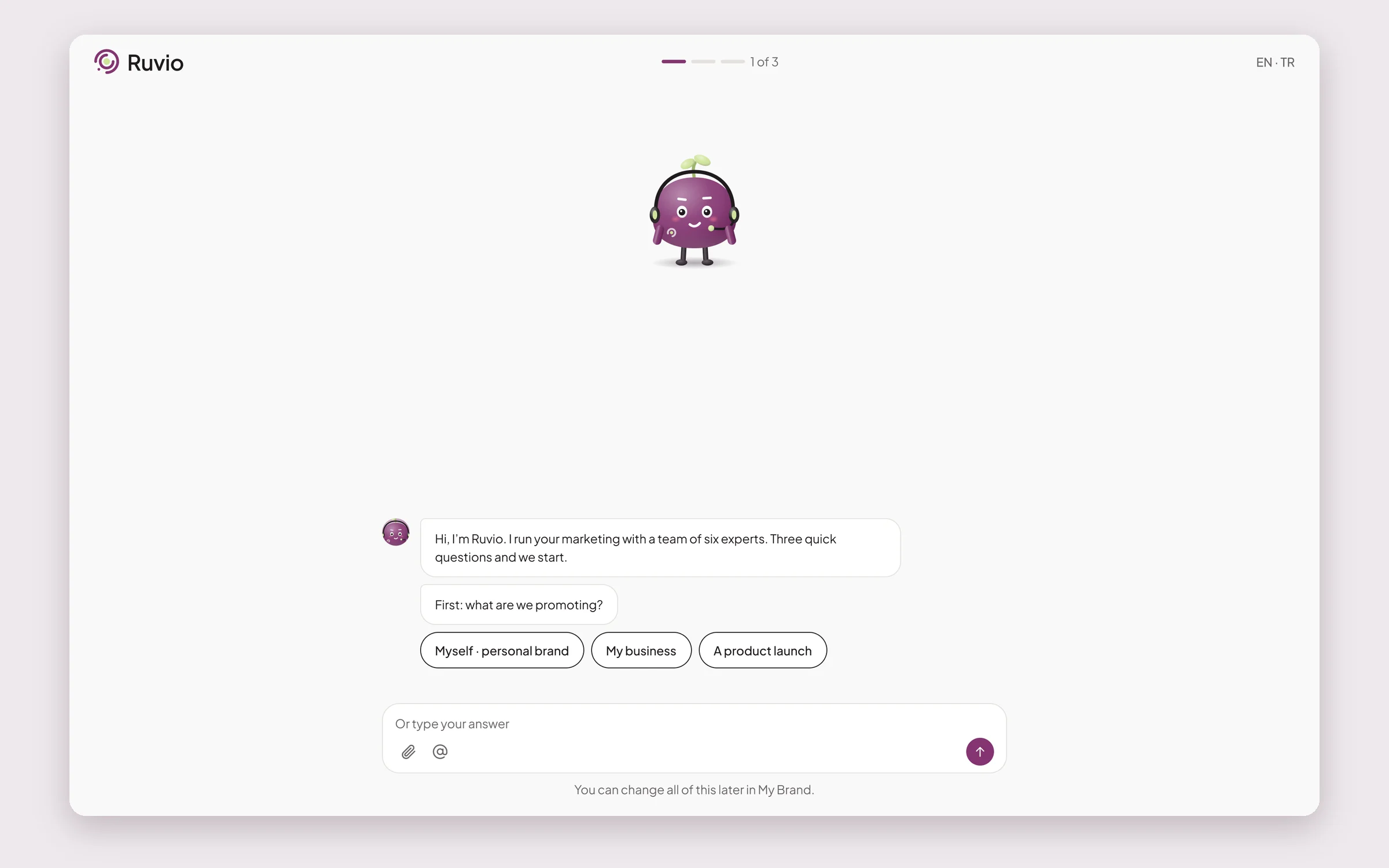 The onboarding chat: Ruvio's character at the top, a single question asking what we are promoting, and three answer chips — myself, my business, a product launch — above a text box.