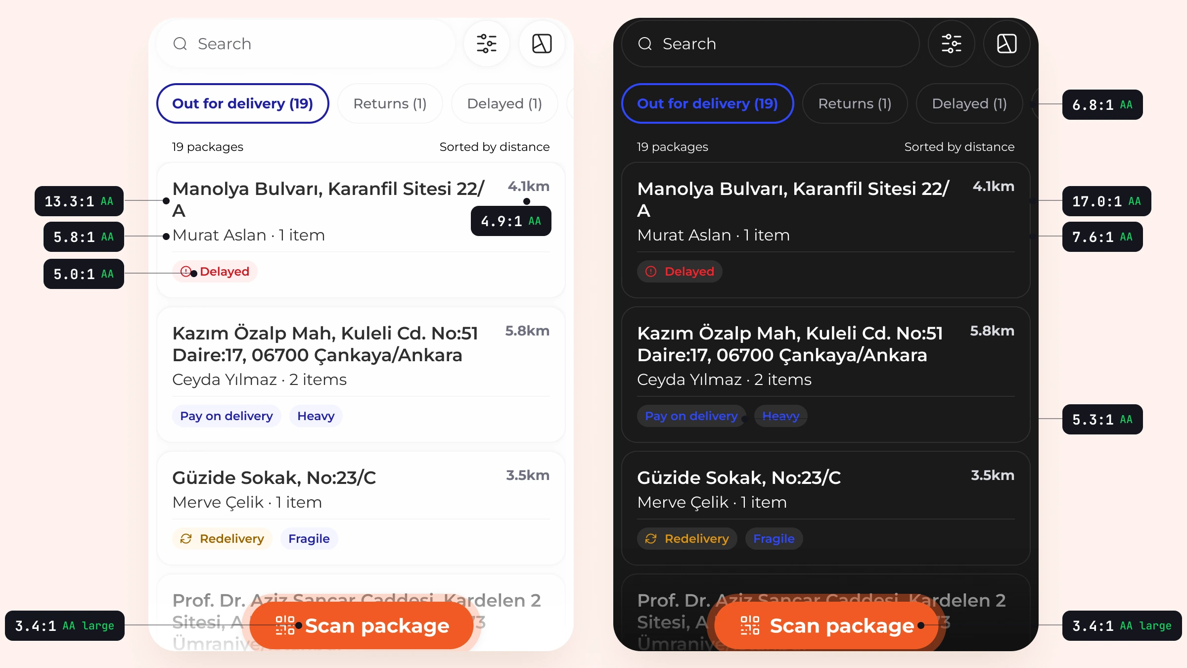 The same courier screens in light and dark mode side by side, with measured contrast ratios printed next to the text and the primary button.
