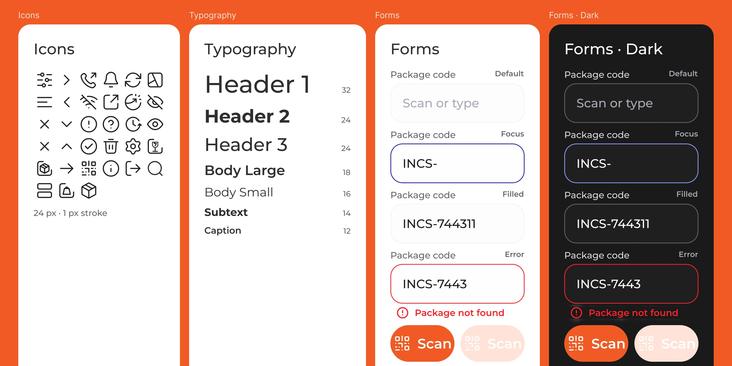 Four documentation pages on an orange stage: the icon set, the type scale, form components across their states, and the same forms in dark mode.