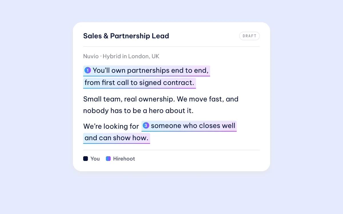 A model suggestion wipes in over the manager's sentence, the review popover opens, Keep mine is pressed, and the manager's own line returns with a Kept yours chip.