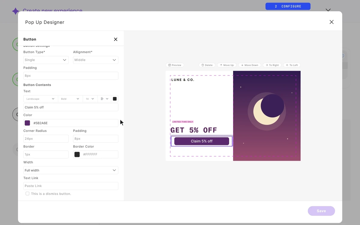 The Quin AI pop-up builder: a button selected on the canvas with its settings open in the side panel.