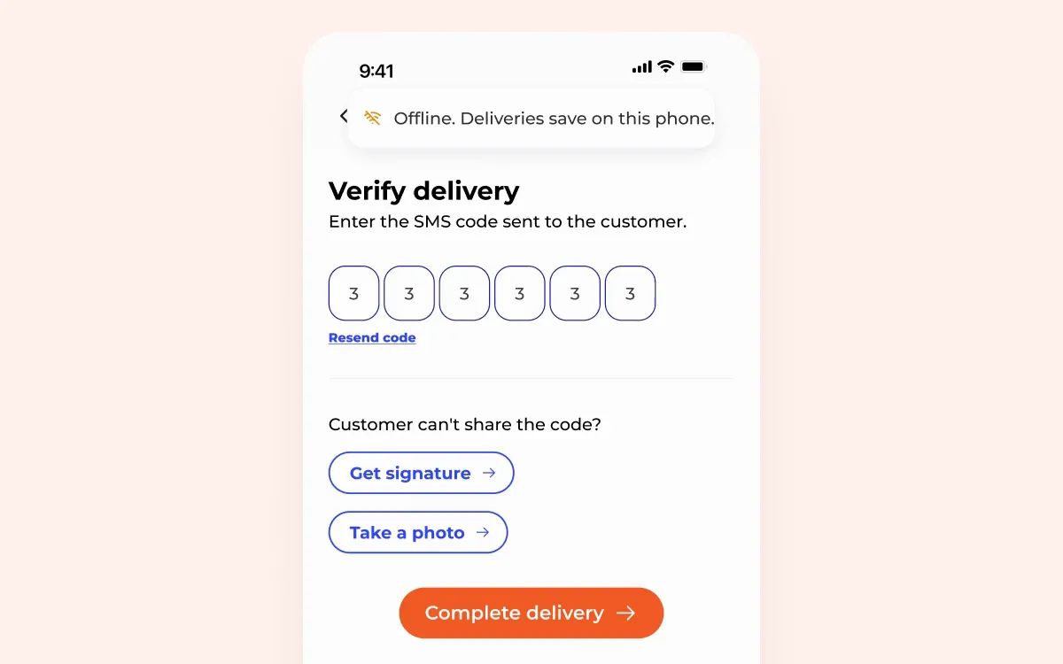A delivery is completed while the app is offline, the confirmation says it is waiting to sync, then the connection returns and the delivery syncs.
